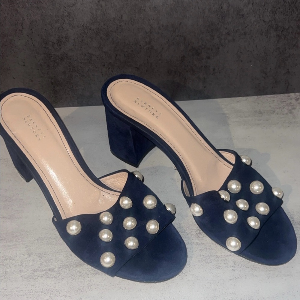 Barneys New York Navy Kitten Heels with Pearl Embellishments